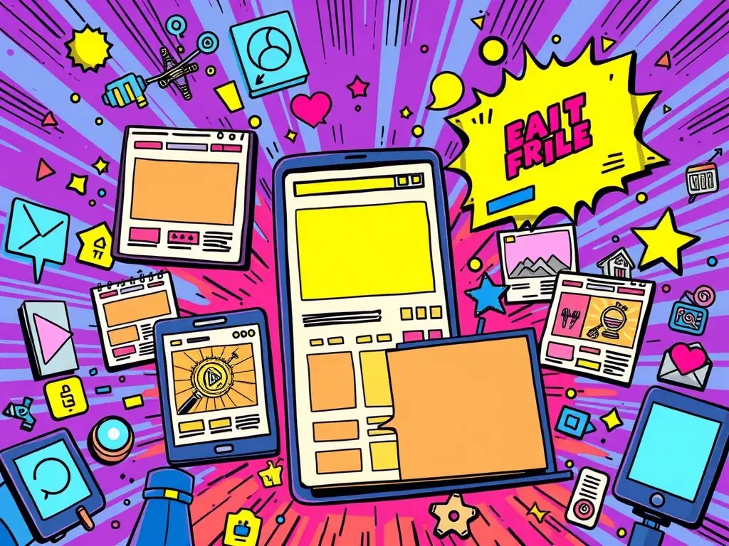 An illustration of various ad copies on digital screens against a city backdrop.